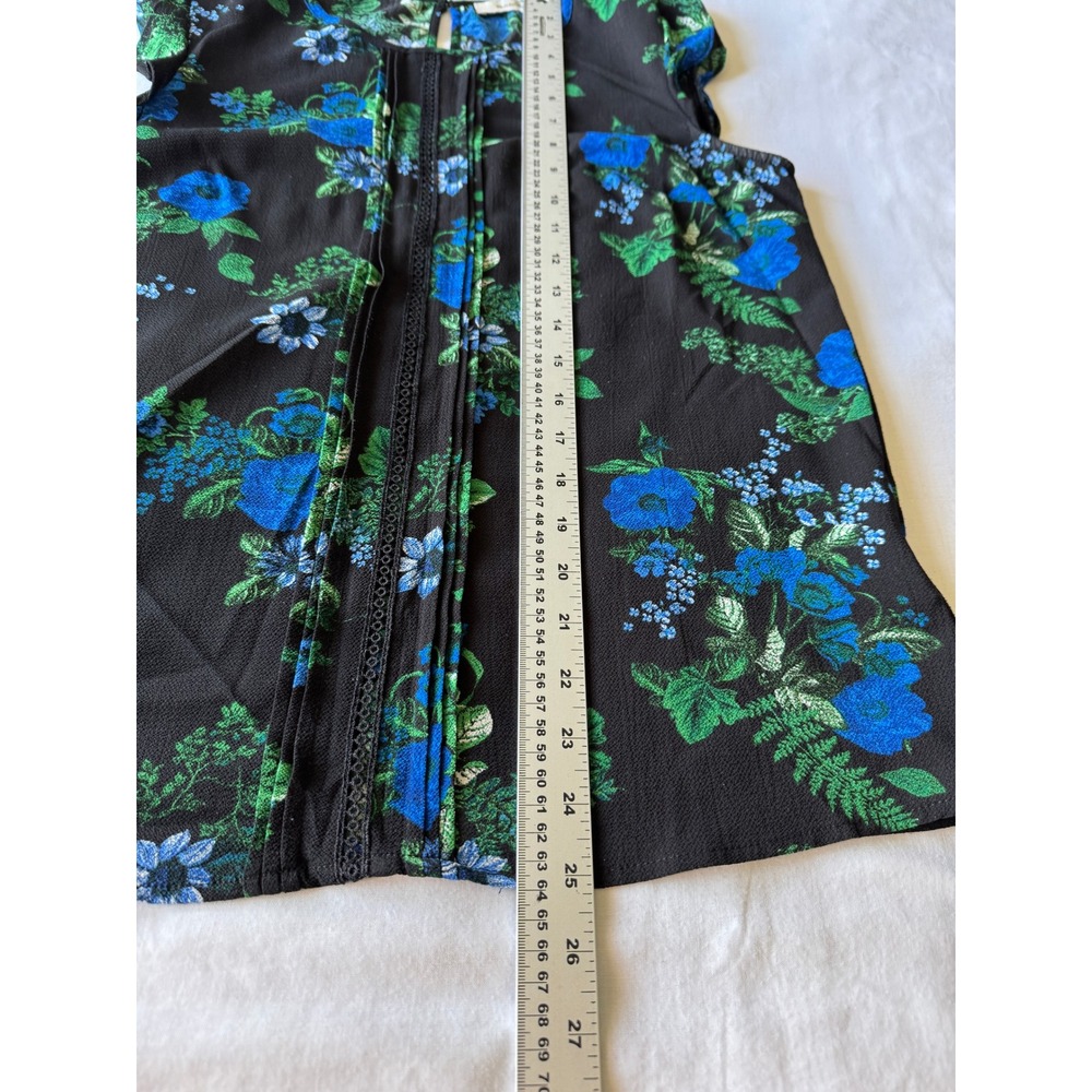 Mandee Floral Flutter Sleeve Pleated Front Blouse Black Blue S Cottagecore Boho - Picture 9 of 11
